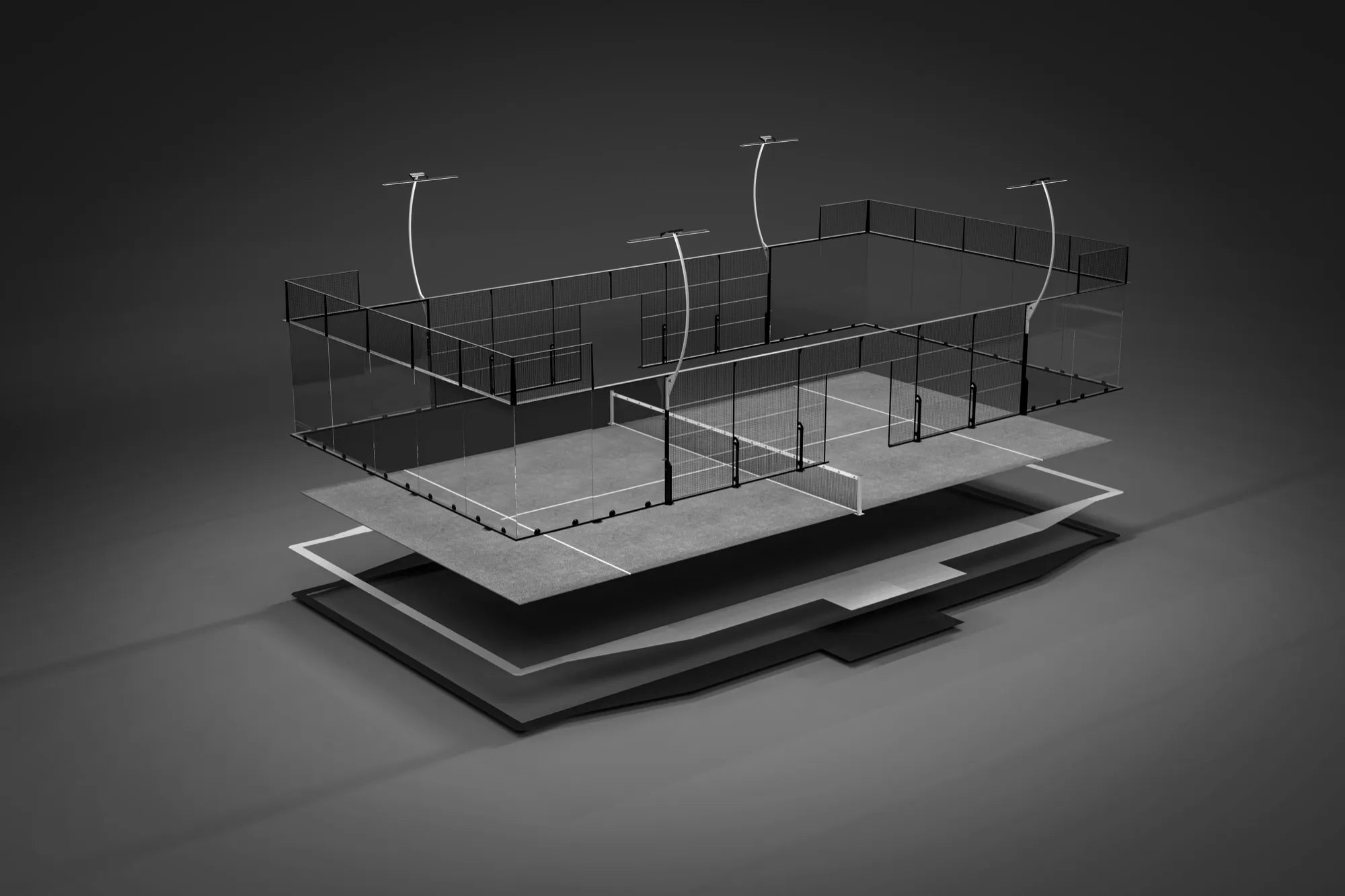 Aufbau eines Padel Courts im Schichtmodell: Court, Kunstrasen und Stahlplatten-Fundament